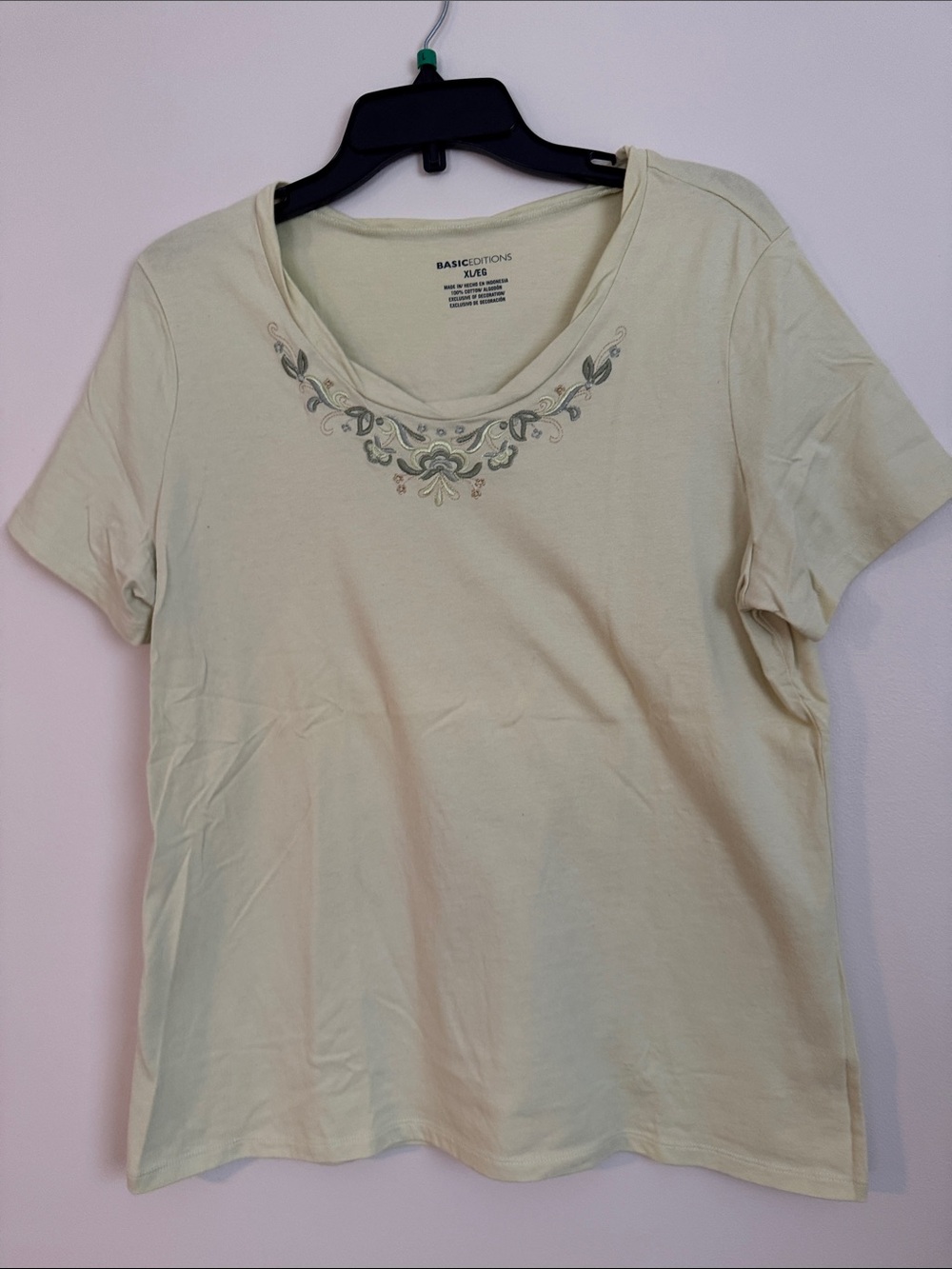 Basic Editions Light green Scoop Neck Tee with Embroidered Yoke